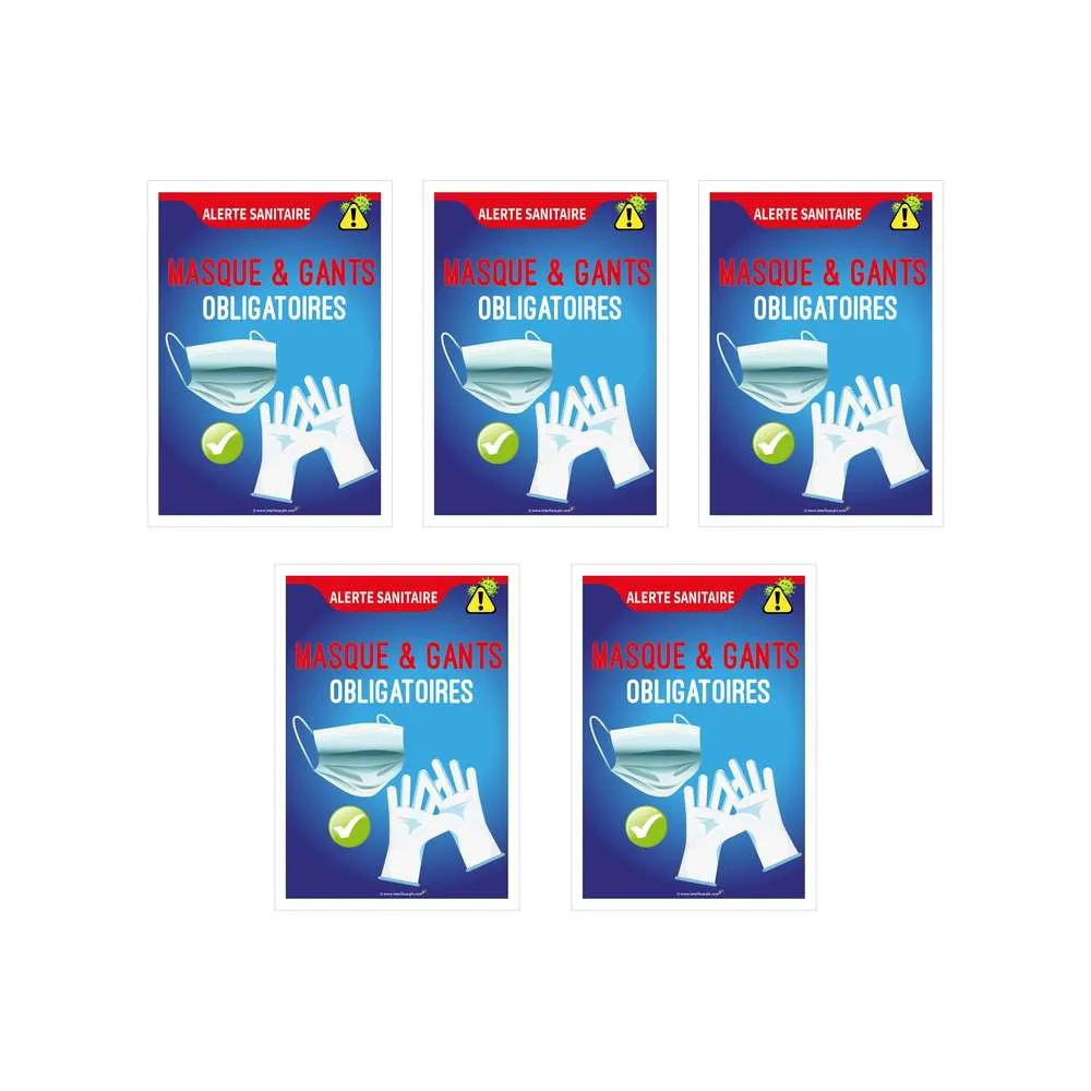 Autocollant 'MASQUE ET GANTS OBLIGATOIRES' format A4 - Lot de 5