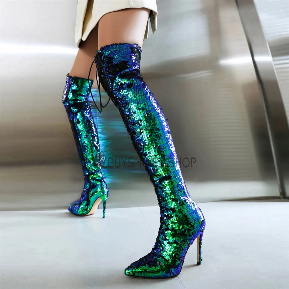 Bottes Hautes Femme A Talon Pole Dance Fermeture Éclair Paillette Brillante Boots Femme Cuissardes Talons Aiguilles
