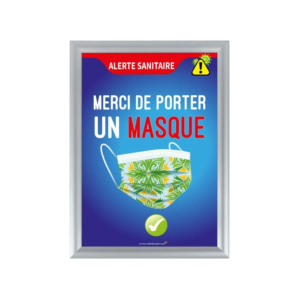 Cadre d'affichage format A3 en aluminium avec affiche 'MASQUE OBLIGATOIRES'