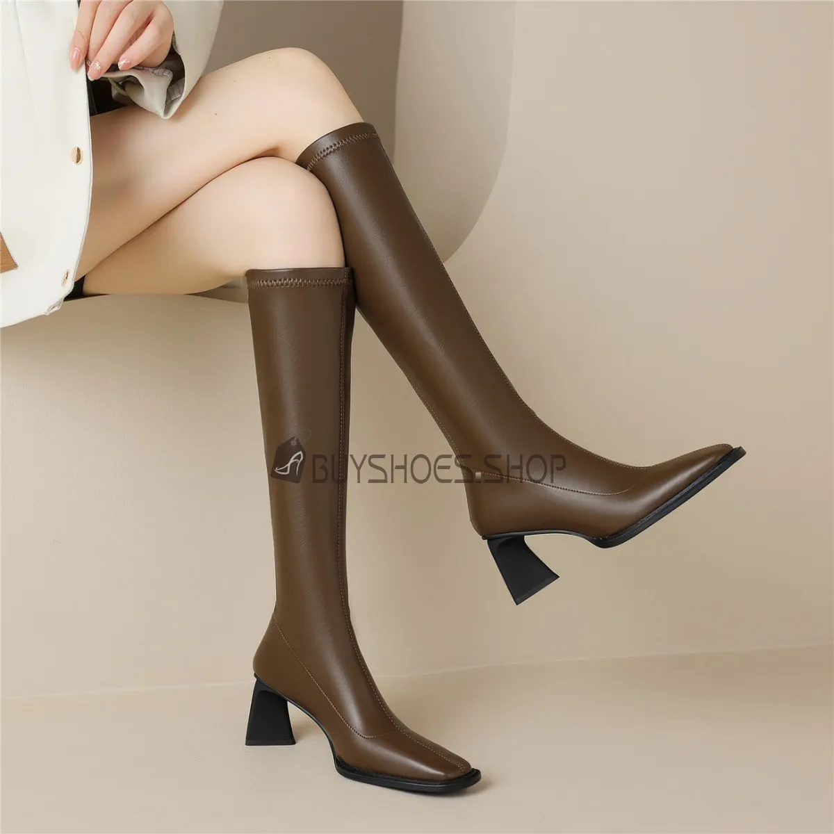 Chaussettes 2023 A Talon Mi Haut Stretch Habillé Bottes Hautes Talon Epais Bout Fermé Talons Carrés Bottes Hauteur Genoux