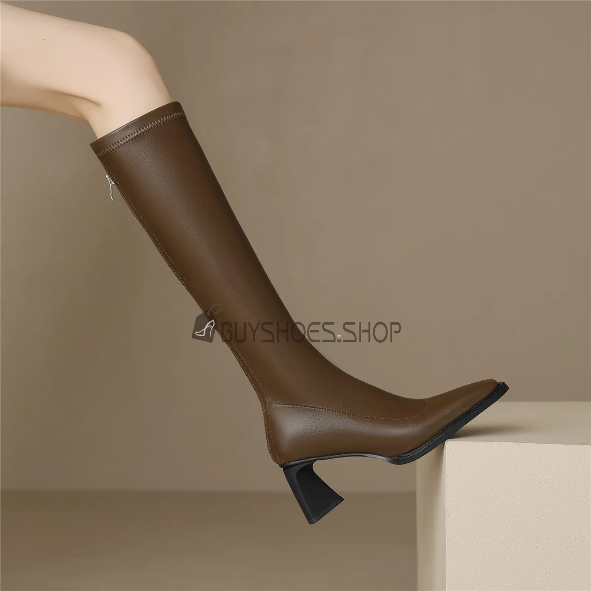 Chaussettes 2023 A Talon Mi Haut Stretch Habillé Bottes Hautes Talon Epais Bout Fermé Talons Carrés Bottes Hauteur Genoux