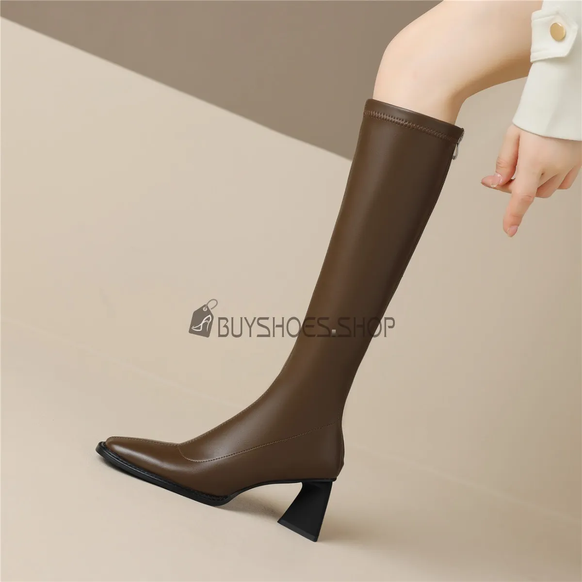 Chaussettes 2023 A Talon Mi Haut Stretch Habillé Bottes Hautes Talon Epais Bout Fermé Talons Carrés Bottes Hauteur Genoux