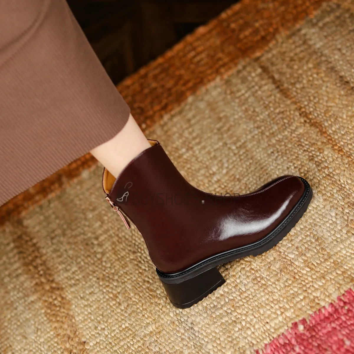 Chelsea Fermeture Éclair Confort Talons Carrés Fourrées Talons Epais Moderne Talon Bas Bottine Bout Carré Vintage Cuir