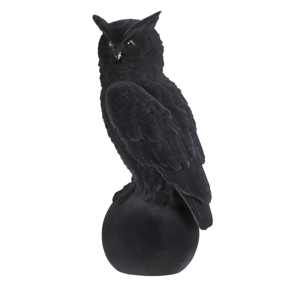 Chouette noire sur pierre en velours noir 21x18x46 cm