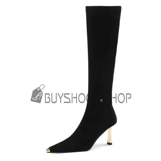 Daim Talon Aiguille Elegante Chaussette Talon Mi Haut Bottes Hautes Knee Boots
