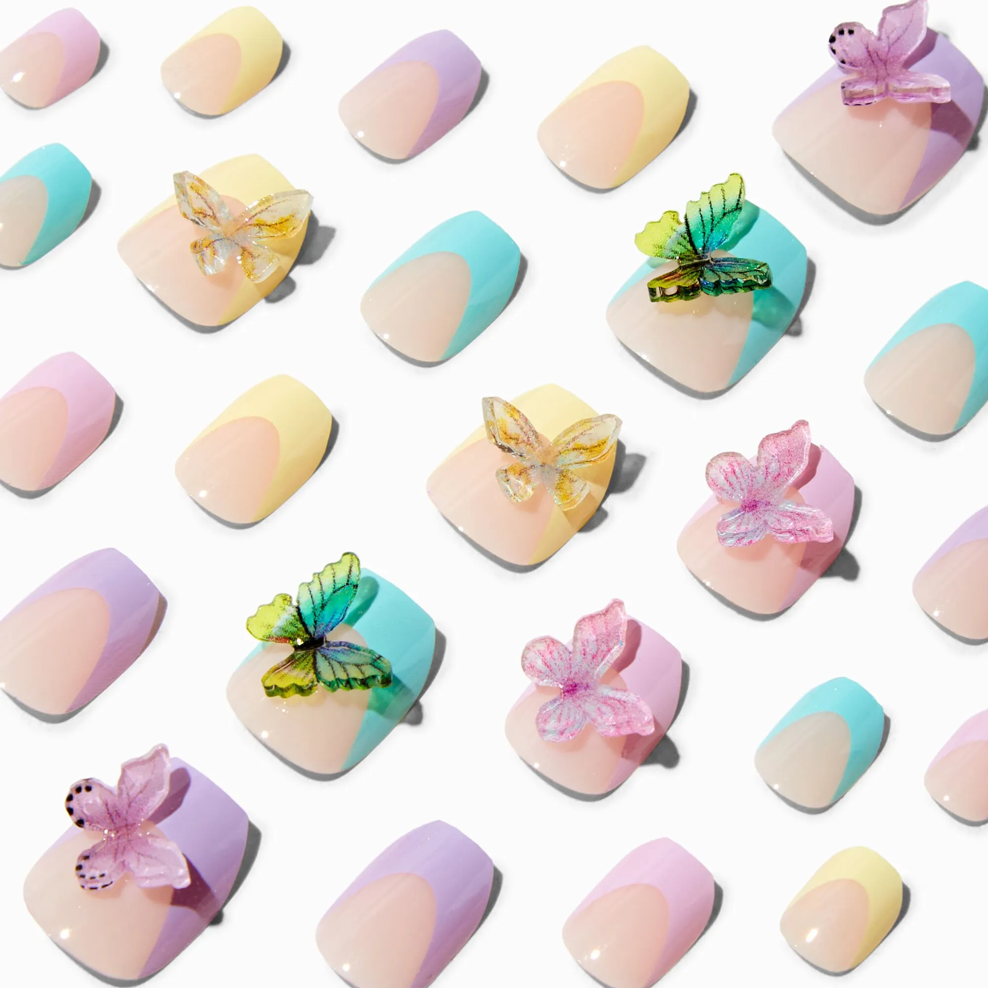 Faux ongles vegan autocollants ballerine 3D papillon pastel - Lot de 24