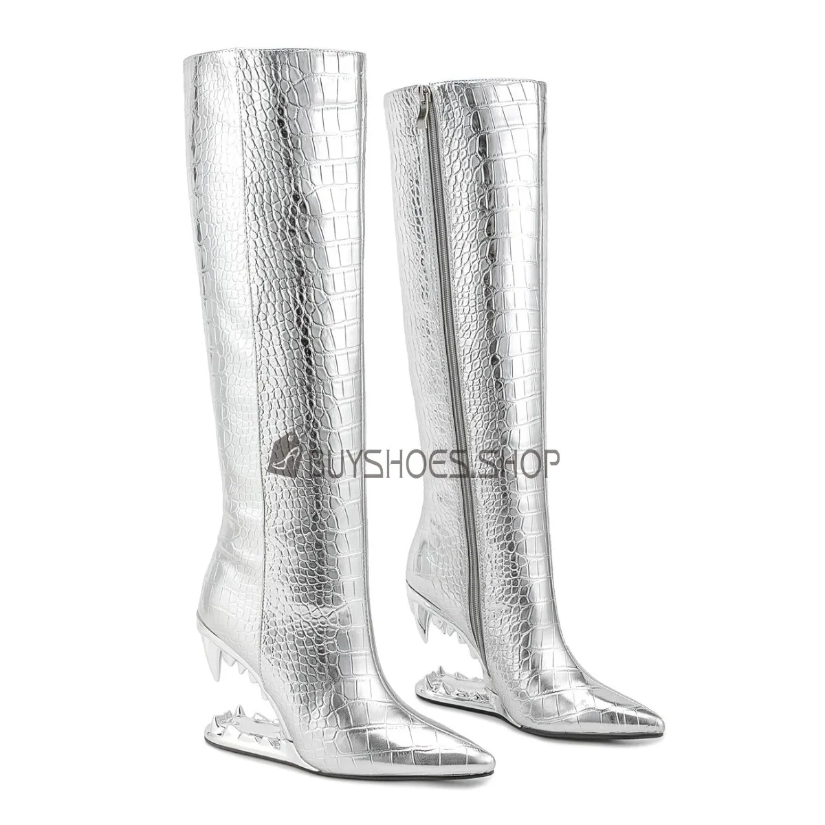 Habillé Talon 10 cm Vernis Fourrees Serpent Brillante Moderne Talon Spécial Bottes Haute Femme Bottes Genoux Simili Cuir