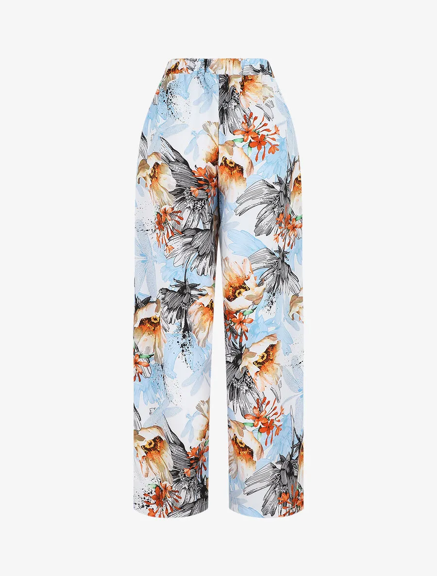 Pantalon ample motif fleurs fantaisies - Bleu pastel