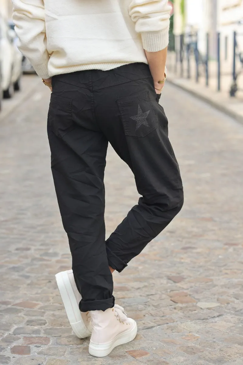 Pantalon confort noir en toile stretch étoile brillante paillettes