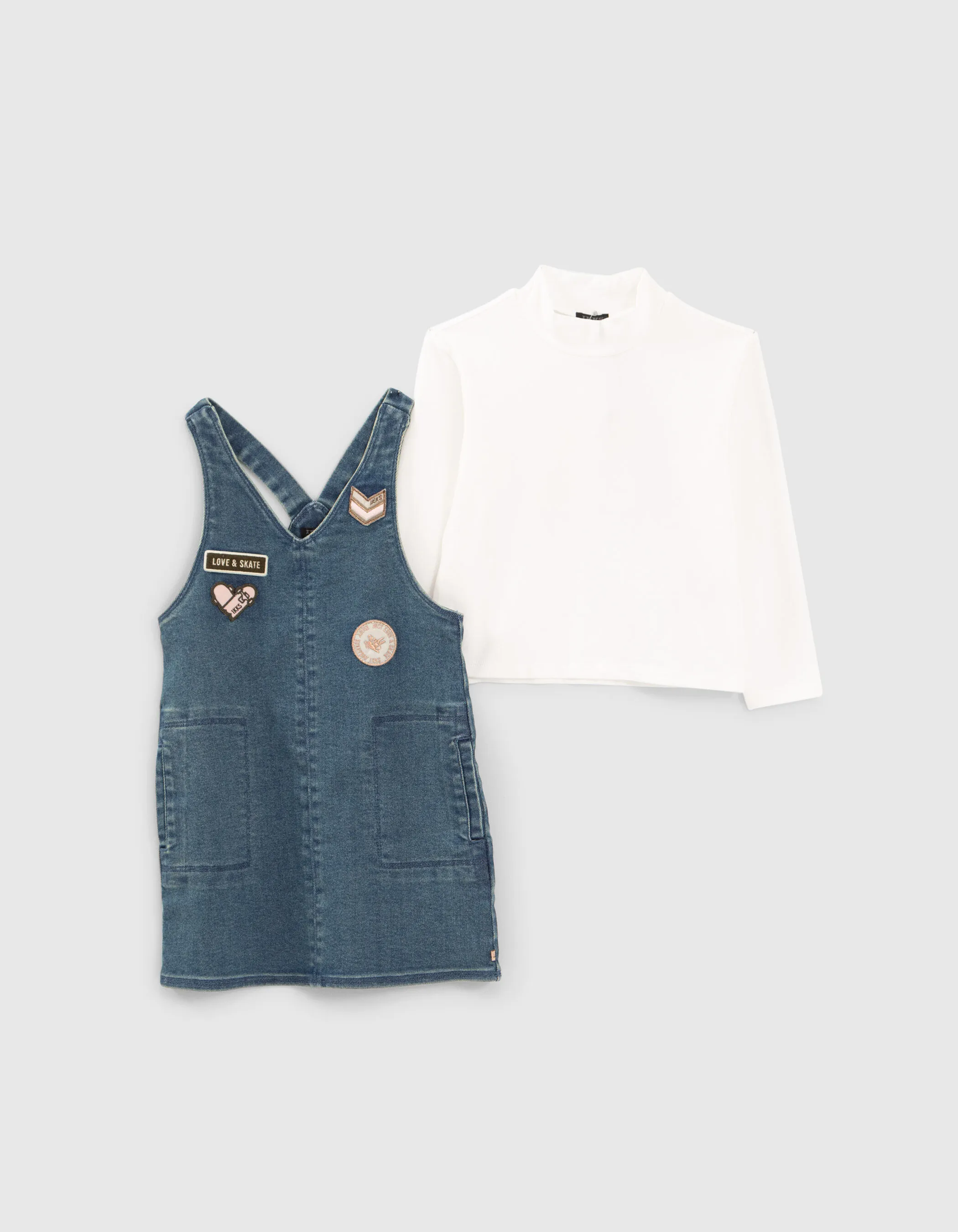 Robe 2-en-1 en jean bleu et T-shirt à col brodé fille
