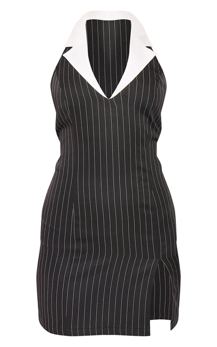 Robe de tailleur moulante noire tissée à rayures fines et col contrastant