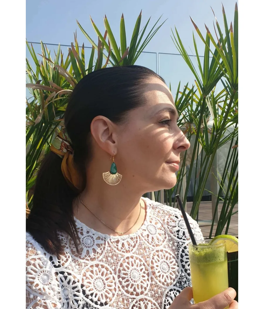 Santaïa boucles d'oreille feuille de ginkgo dorée émail vert