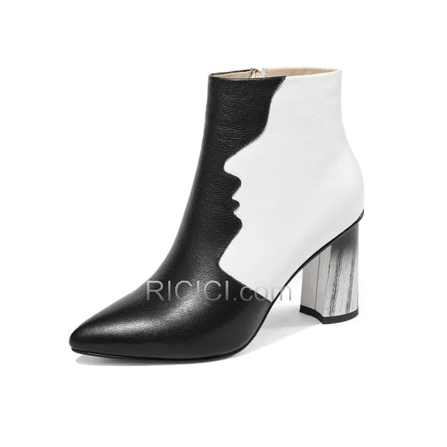 Talon Haut Blanche Color Block Bottines Moderne Bout Pointu De Sortie Fourrées