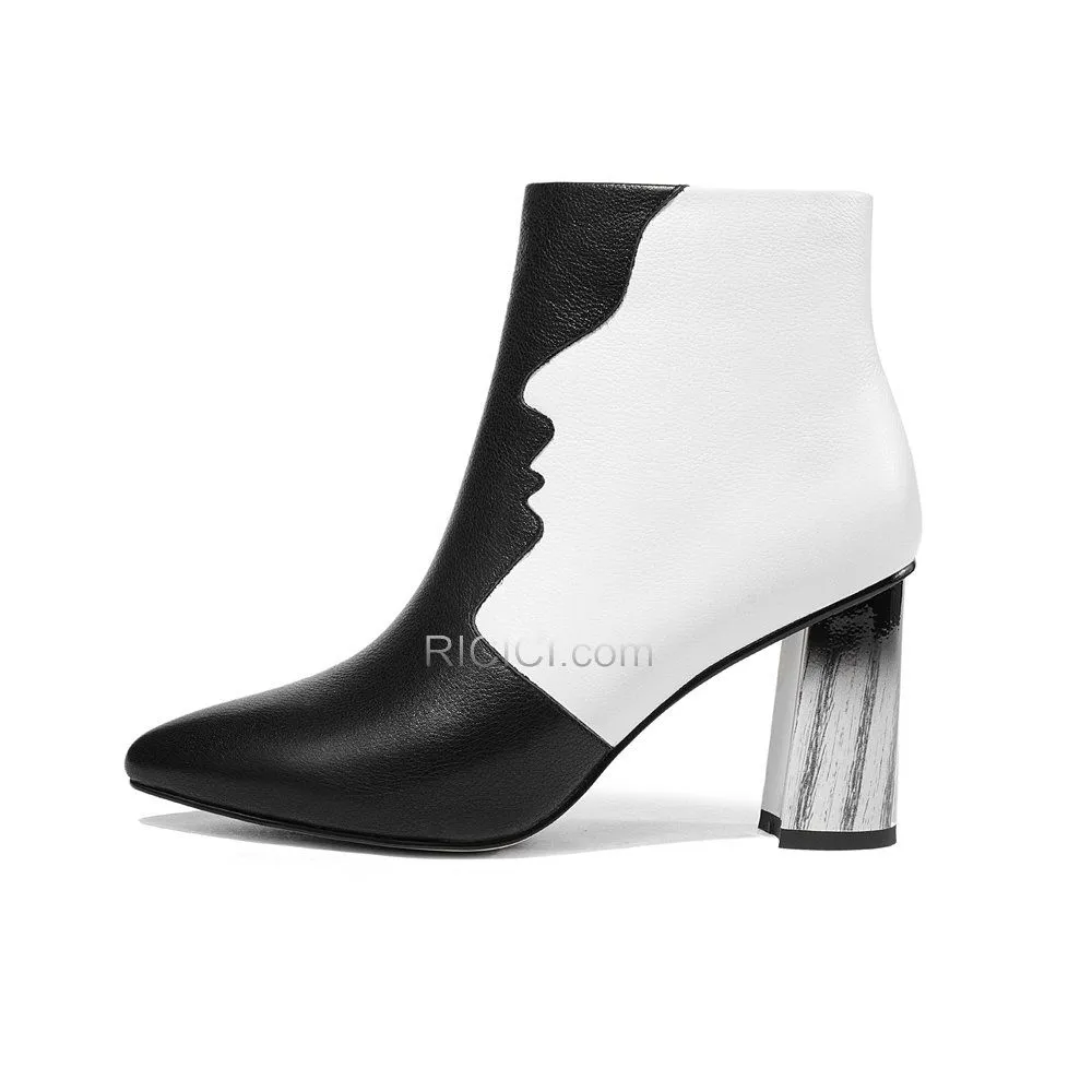 Talon Haut Blanche Color Block Bottines Moderne Bout Pointu De Sortie Fourrées