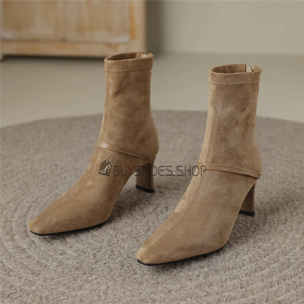 Talons Epais 2023 Confort Cuir Bottines Femme Fermeture Éclair Habillé A Talon Mi Haut Chaussette Bout Pointu Fourrees